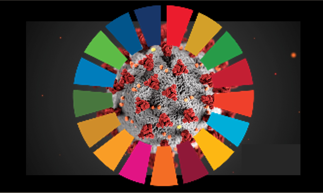 SDGs logo with COVID-19 visual on top