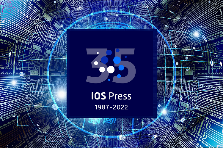 blue digital visual with IOS Press 35th anniversary logo