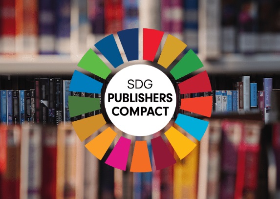 SDGs Publishers Compact colourful logo with a background of books