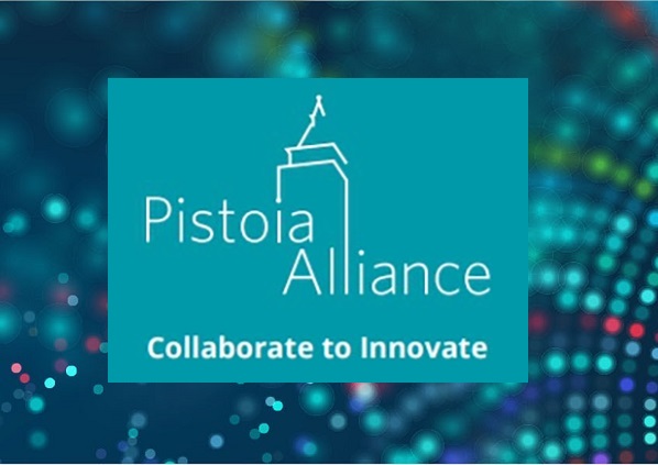 Pistoia Alliance logo on an aqua blue background