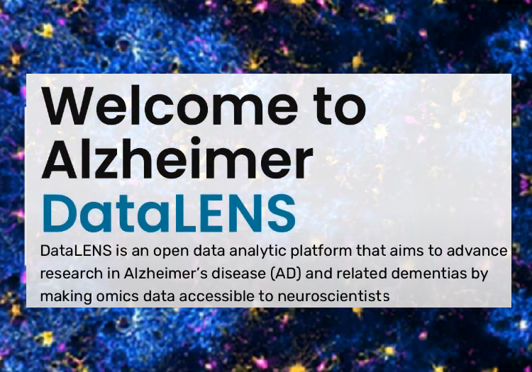 Blue tinged cell data visual with Alzheimer DataLENS welcome text