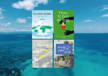 Aqua blue sea with blue sky view with four book covers (image by: Carles Rabada)