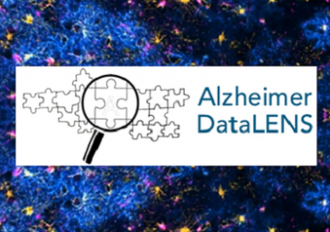 Blue tinged cell data visual with Alzheimer DataLENS logo with magnifying glass