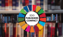 SDG Publishers Compact logo on a background of books on shelves