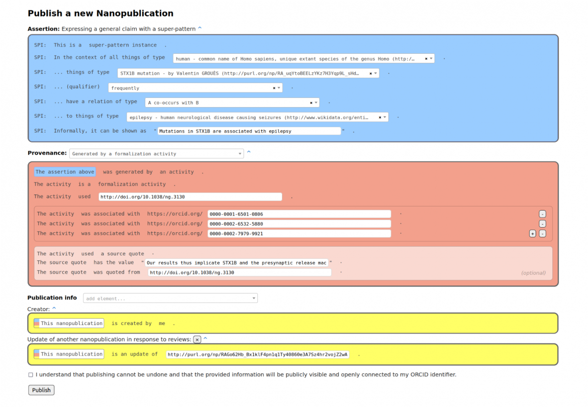 three blocks with text for: nanopublication assertion (blue) provenance (red), and publication info (yellow)